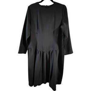 Women's Large Black Midi Long-Sleeved Taper and Flare Frilled Dress